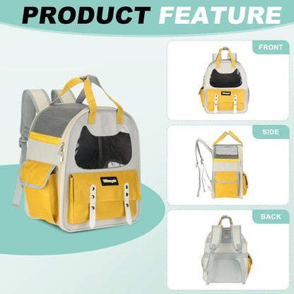 Cat Backpack Carrier, Breathable Pet Hiking Backpack Travel Bag Pet Supplies for Cats or Small Dogs Puppies, Intended for Hiking/Camping/Traveling (Yellow, 12"x8"x14")