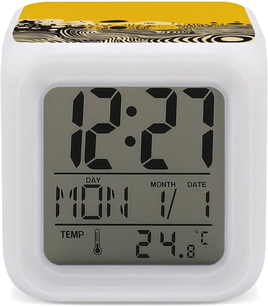 LED Digital Alarm Clock with 7 Color Changing Night Light | Yellow And Black, Multi-functional Calendar Temperature Time Date Display, Wake up Clock for Bedroom Bedside Decor