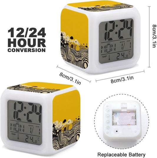 LED Digital Alarm Clock with 7 Color Changing Night Light | Yellow And Black, Multi-functional Calendar Temperature Time Date Display, Wake up Clock for Bedroom Bedside Decor