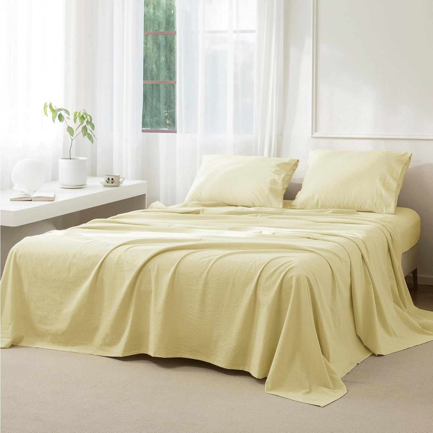 JIYUAN Twin 3-Pc Washed Cotton Sheet Set, Relaxed Linen Feel | deep pocket fitted sheet, flat sheet & 1 pillowcase, breathable comfort, machine washable, Solid Light Yellow