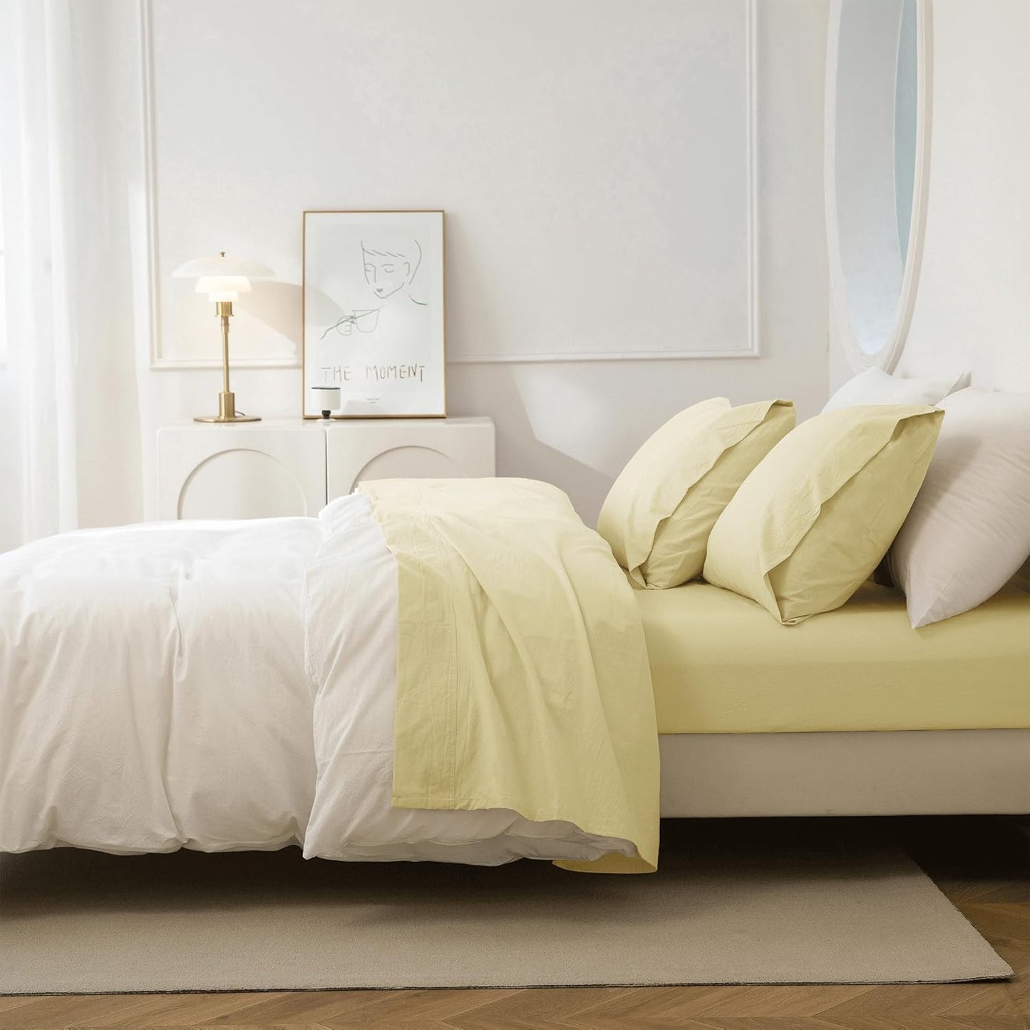 JIYUAN Twin 3-Pc Washed Cotton Sheet Set, Relaxed Linen Feel | deep pocket fitted sheet, flat sheet & 1 pillowcase, breathable comfort, machine washable, Solid Light Yellow