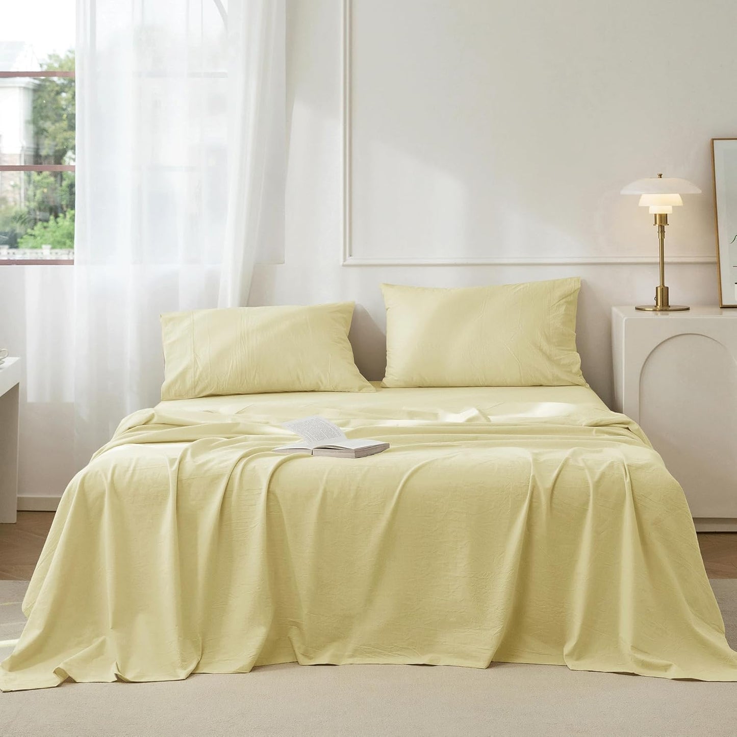 JIYUAN Twin 3-Pc Washed Cotton Sheet Set, Relaxed Linen Feel | deep pocket fitted sheet, flat sheet & 1 pillowcase, breathable comfort, machine washable, Solid Light Yellow