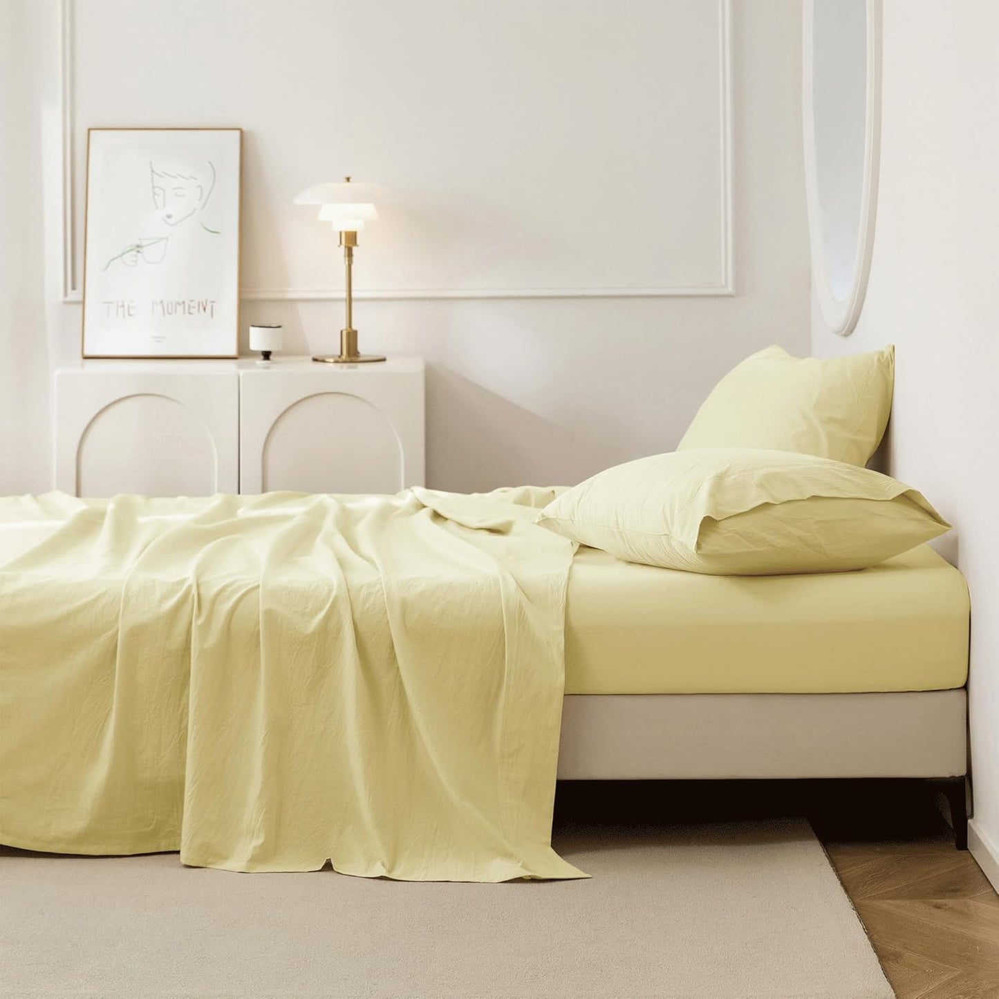 JIYUAN Twin 3-Pc Washed Cotton Sheet Set, Relaxed Linen Feel | deep pocket fitted sheet, flat sheet & 1 pillowcase, breathable comfort, machine washable, Solid Light Yellow