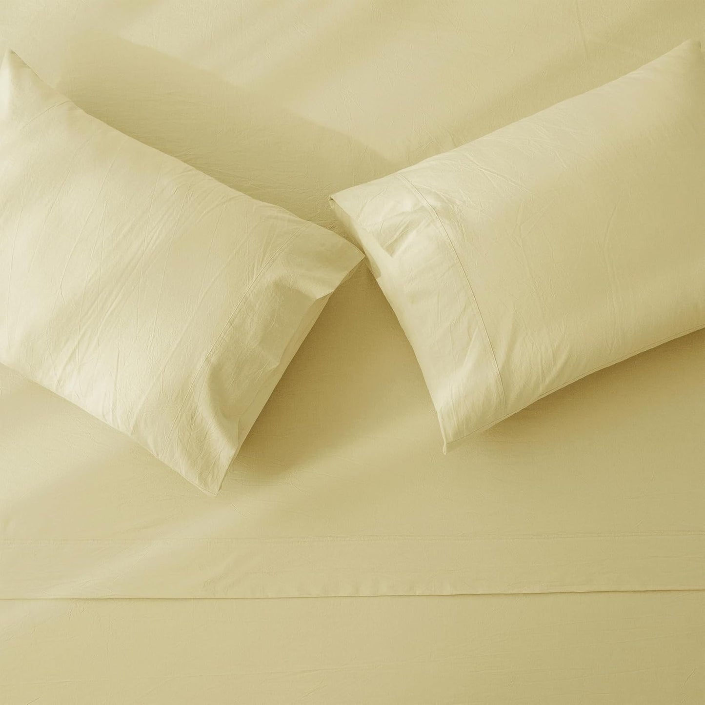 JIYUAN Twin 3-Pc Washed Cotton Sheet Set, Relaxed Linen Feel | deep pocket fitted sheet, flat sheet & 1 pillowcase, breathable comfort, machine washable, Solid Light Yellow