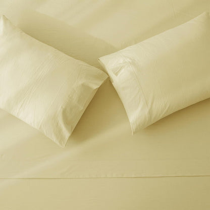 JIYUAN Twin 3-Pc Washed Cotton Sheet Set, Relaxed Linen Feel | deep pocket fitted sheet, flat sheet & 1 pillowcase, breathable comfort, machine washable, Solid Light Yellow