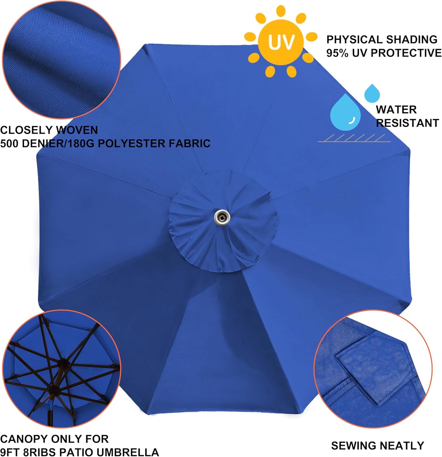 USA 9FT Patio Umbrella Replacement Covers 8 Ribs Market Umbrella Canopy Cover (CANOPY ONLY) (Blue)