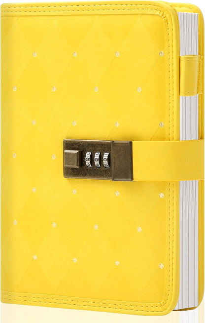 Diary with Lock for Girls Women Leather Vintage Journal with Lock Refillable B6 Locked Diary 224 Pages Secret Lockable Journals with Gift Box for Teen Girls 8.0 x 5.5 Inch, Yellow