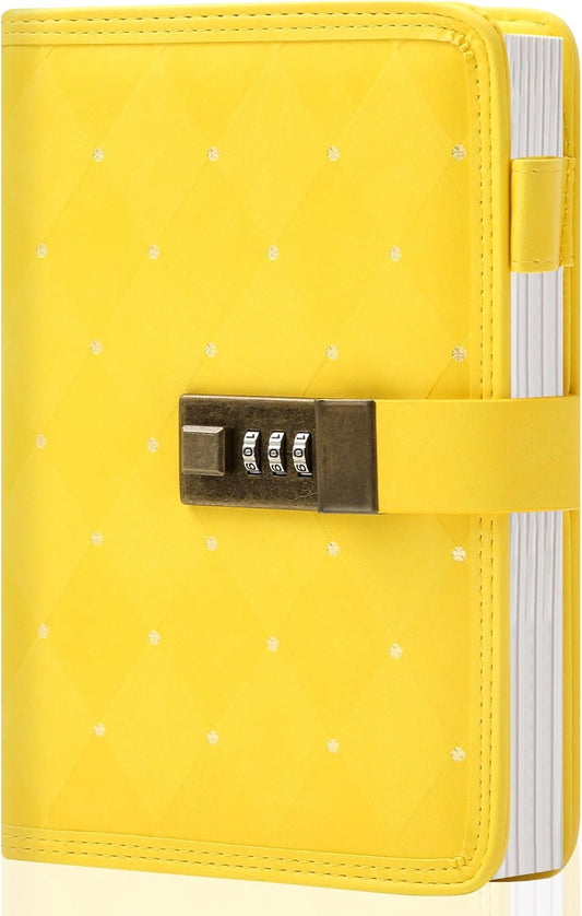 Diary with Lock for Girls Women Leather Vintage Journal with Lock Refillable B6 Locked Diary 224 Pages Secret Lockable Journals with Gift Box for Teen Girls 8.0 x 5.5 Inch, Yellow