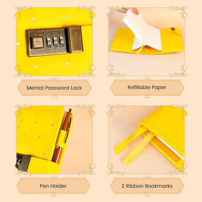 Diary with Lock for Girls Women Leather Vintage Journal with Lock Refillable B6 Locked Diary 224 Pages Secret Lockable Journals with Gift Box for Teen Girls 8.0 x 5.5 Inch, Yellow