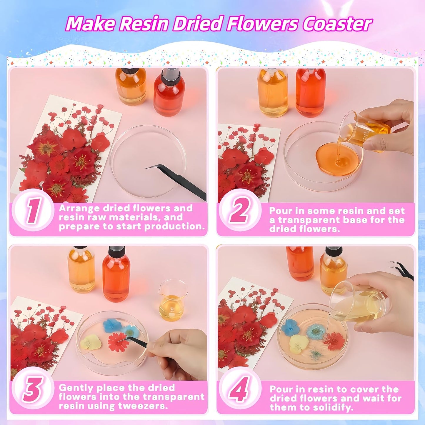 4 Packs Dried Pressed Flowers for Resin, Natural Dried Flowers for Crafts, Real Pressed Flowers Dry Leaves Bulk for Epoxy Resin Jewelry,Scrapbook,Picture Frame,Bookmarks,Candle & Soap Making