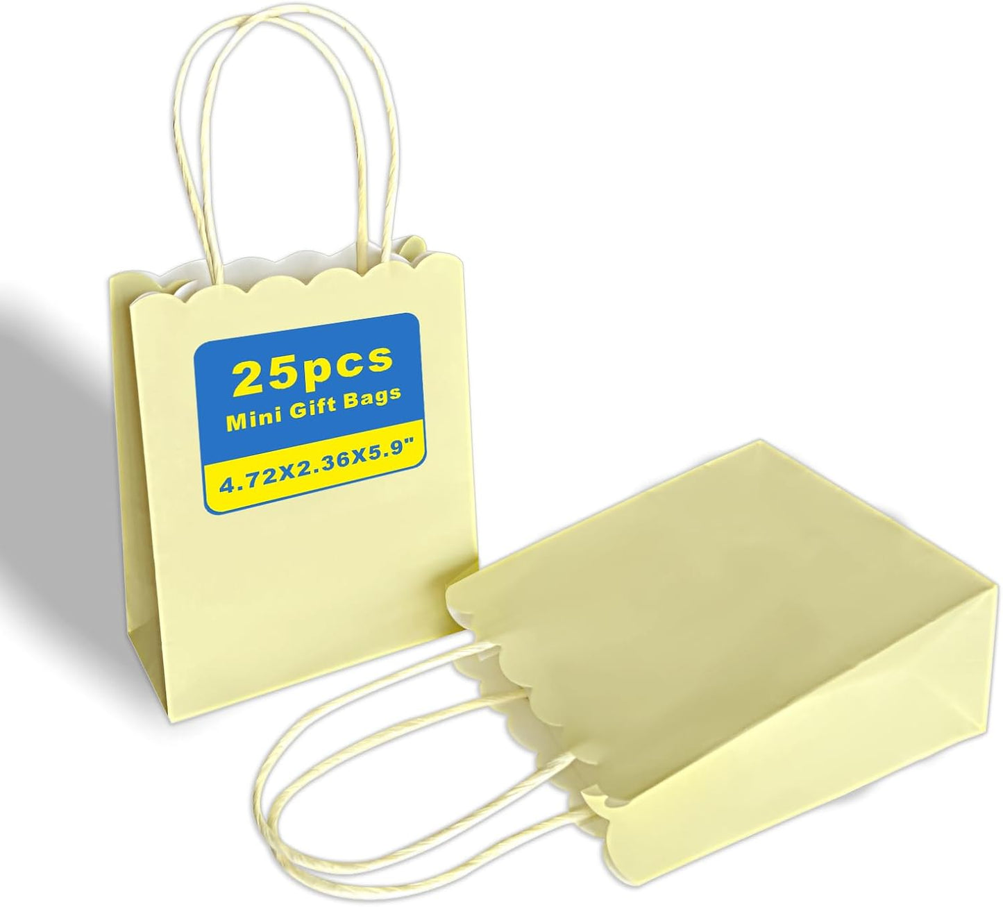 Mini Yellow Goodie Bags 4.7x5.9x2.3 Inch 25Pcs For Party Favor, Gift | Scalloped Edge, Extra Small Size, 120GSM Kraft Paper, Recycled Gift Bags With Handles For Candy, Treat, Halloween, Christmas