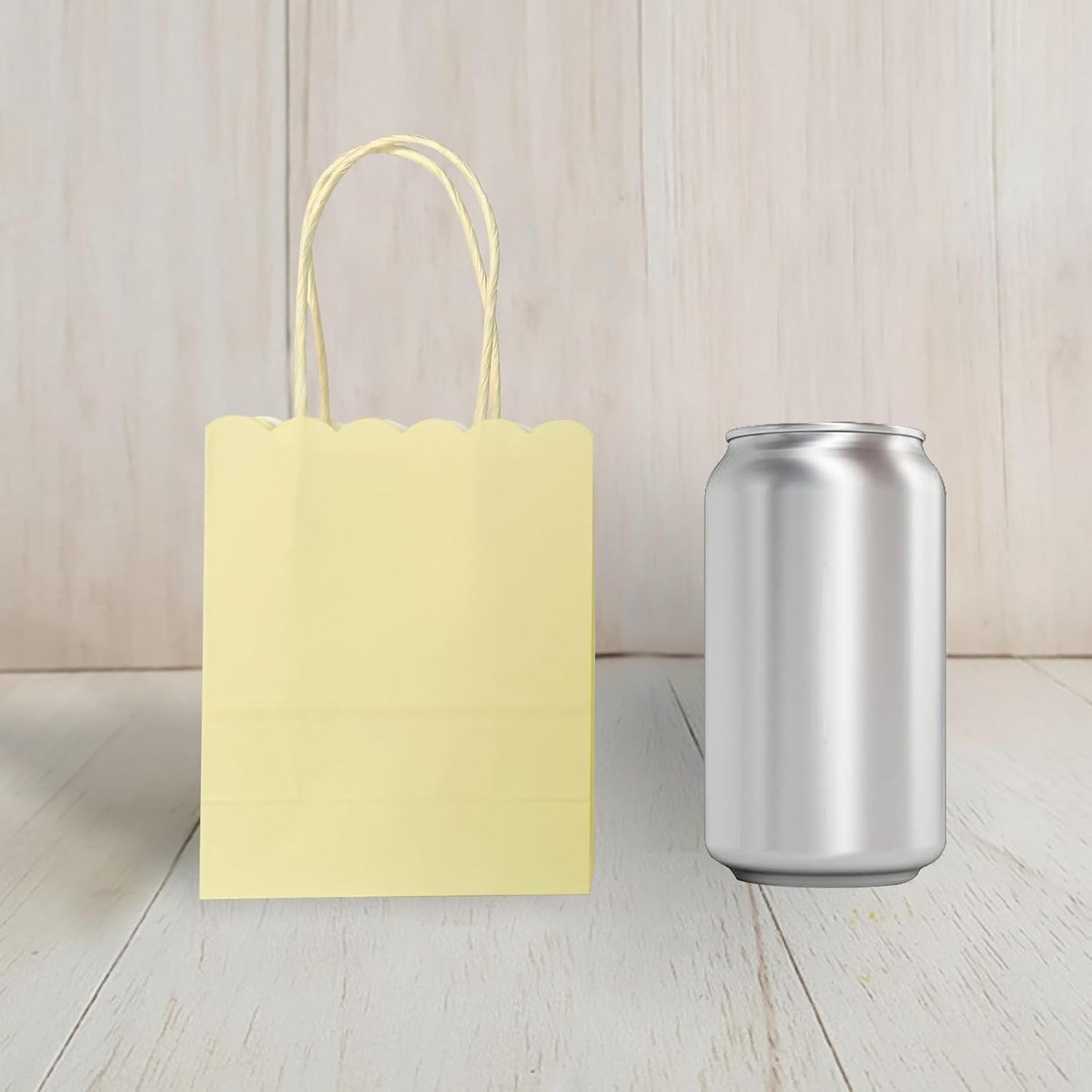 Mini Yellow Goodie Bags 4.7x5.9x2.3 Inch 25Pcs For Party Favor, Gift | Scalloped Edge, Extra Small Size, 120GSM Kraft Paper, Recycled Gift Bags With Handles For Candy, Treat, Halloween, Christmas