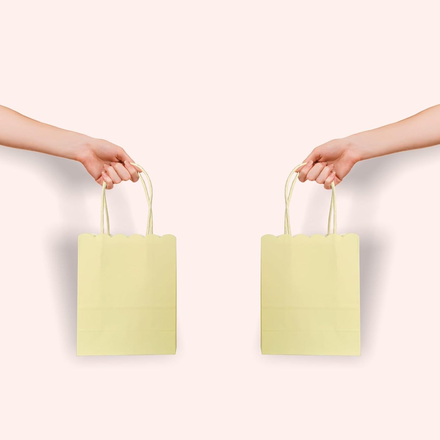 Mini Yellow Goodie Bags 4.7x5.9x2.3 Inch 25Pcs For Party Favor, Gift | Scalloped Edge, Extra Small Size, 120GSM Kraft Paper, Recycled Gift Bags With Handles For Candy, Treat, Halloween, Christmas