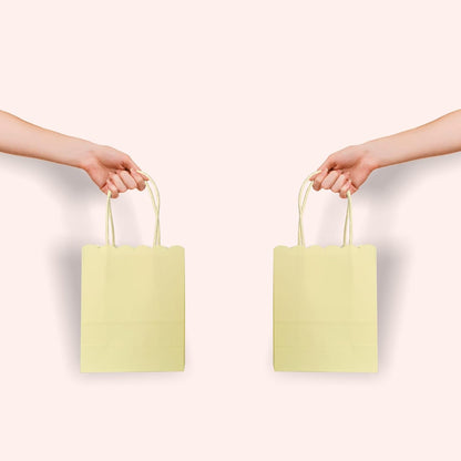 Mini Yellow Goodie Bags 4.7x5.9x2.3 Inch 25Pcs For Party Favor, Gift | Scalloped Edge, Extra Small Size, 120GSM Kraft Paper, Recycled Gift Bags With Handles For Candy, Treat, Halloween, Christmas