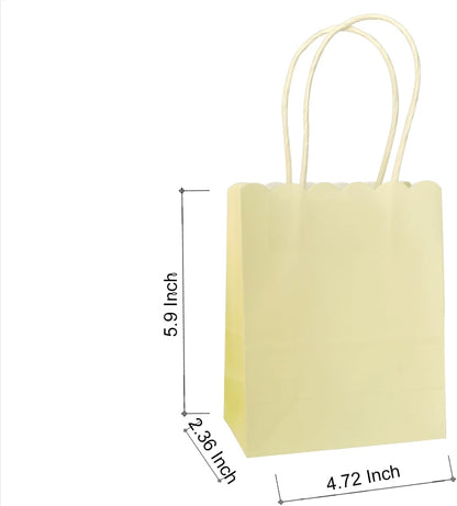 Mini Yellow Goodie Bags 4.7x5.9x2.3 Inch 25Pcs For Party Favor, Gift | Scalloped Edge, Extra Small Size, 120GSM Kraft Paper, Recycled Gift Bags With Handles For Candy, Treat, Halloween, Christmas