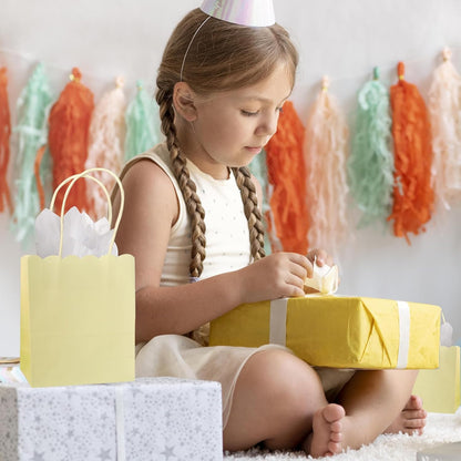 Mini Yellow Goodie Bags 4.7x5.9x2.3 Inch 25Pcs For Party Favor, Gift | Scalloped Edge, Extra Small Size, 120GSM Kraft Paper, Recycled Gift Bags With Handles For Candy, Treat, Halloween, Christmas