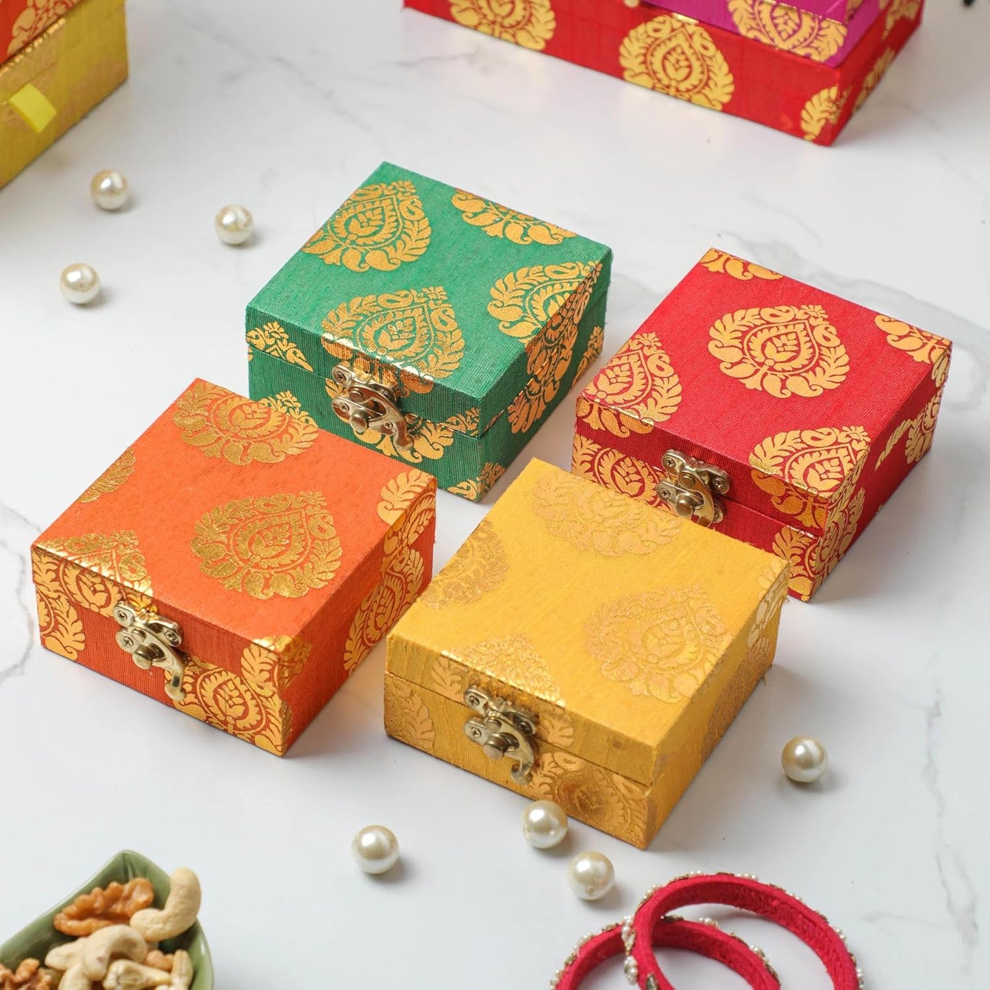 Motif Design Raw Silk Box - Brocade Fabric Favor Boxes for Jewelry Shagun Return Gifts - Birthday & Holiday Gifts Box - Yellow & Orange - 4x4 Inch (Pack of 4)
