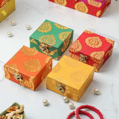 Motif Design Raw Silk Box - Brocade Fabric Favor Boxes for Jewelry Shagun Return Gifts - Birthday & Holiday Gifts Box - Yellow & Orange - 4x4 Inch (Pack of 4)