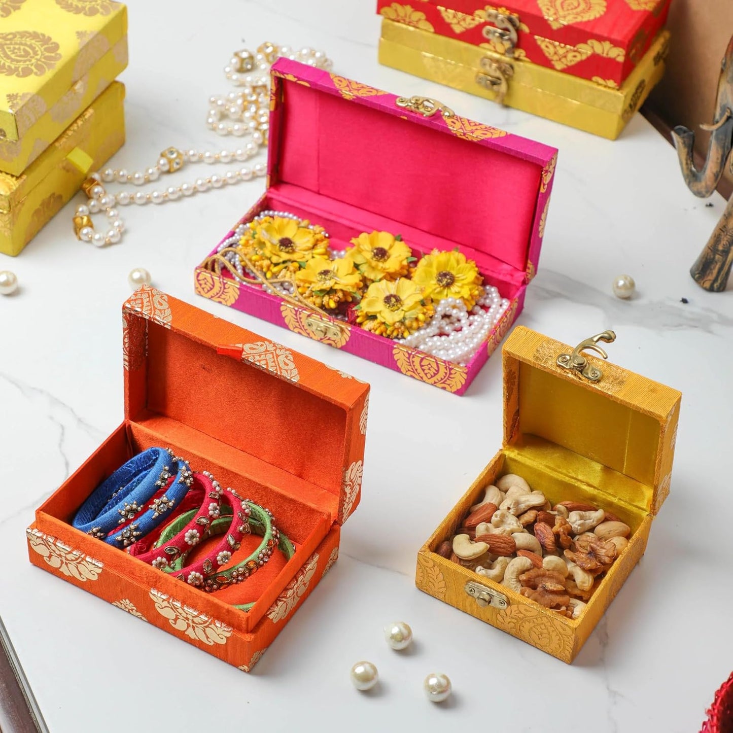Motif Design Raw Silk Box - Brocade Fabric Favor Boxes for Jewelry Shagun Return Gifts - Birthday & Holiday Gifts Box - Yellow & Orange - 4x4 Inch (Pack of 4)