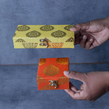 Motif Design Raw Silk Box - Brocade Fabric Favor Boxes for Jewelry Shagun Return Gifts - Birthday & Holiday Gifts Box - Yellow & Orange - 4x4 Inch (Pack of 4)