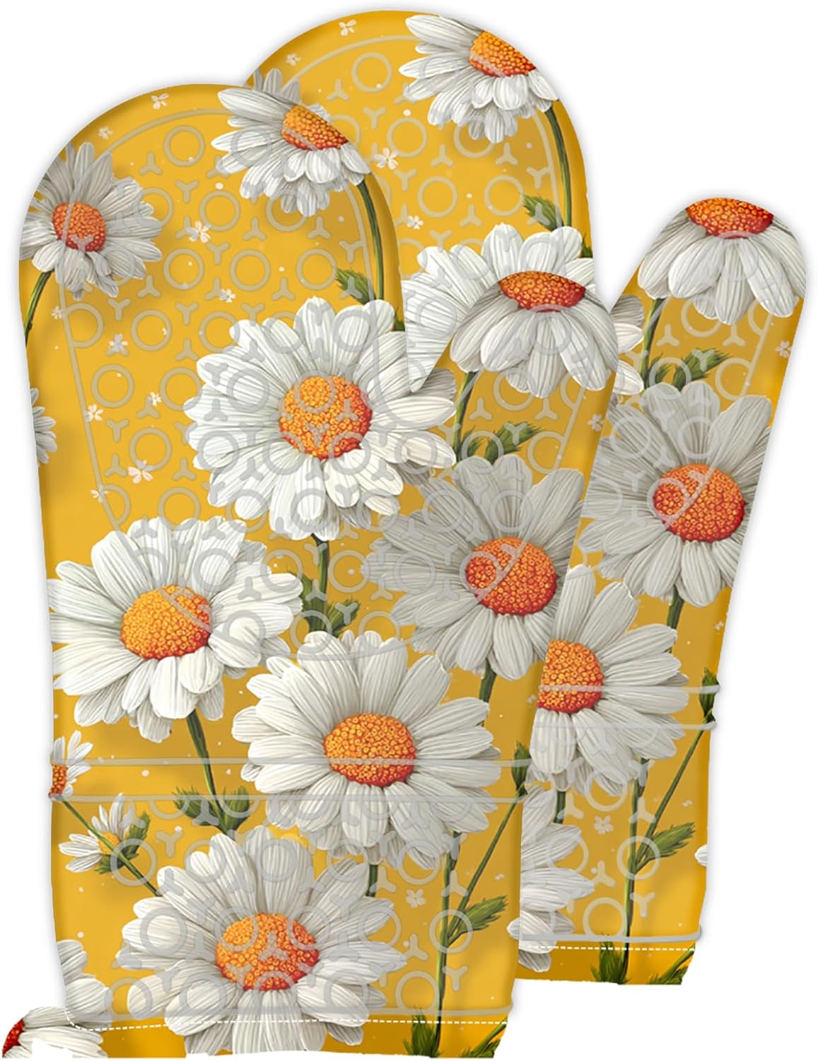 Oven Mitts Oven Gloves Silicone 18.5 * 29cm 2Pcs - Heat Resistant Silicone Oven Mitts, Kitchen Gloves with Daisy Floral Print (Yellow Background) - Home Kitchen, Bright-Themed Events