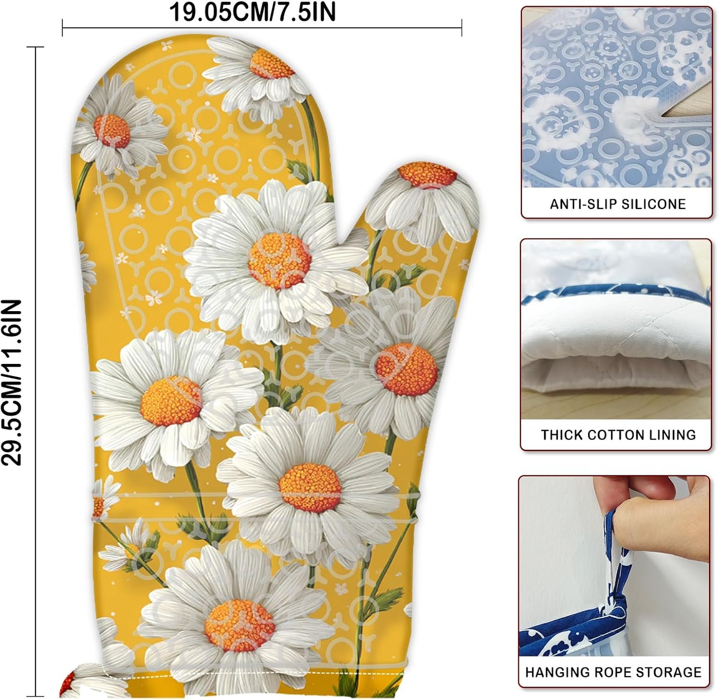 Oven Mitts Oven Gloves Silicone 18.5 * 29cm 2Pcs - Heat Resistant Silicone Oven Mitts, Kitchen Gloves with Daisy Floral Print (Yellow Background) - Home Kitchen, Bright-Themed Events