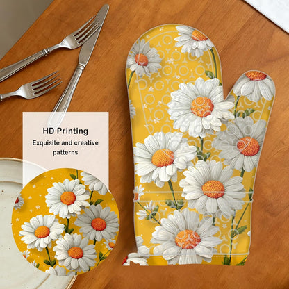 Oven Mitts Oven Gloves Silicone 18.5 * 29cm 2Pcs - Heat Resistant Silicone Oven Mitts, Kitchen Gloves with Daisy Floral Print (Yellow Background) - Home Kitchen, Bright-Themed Events