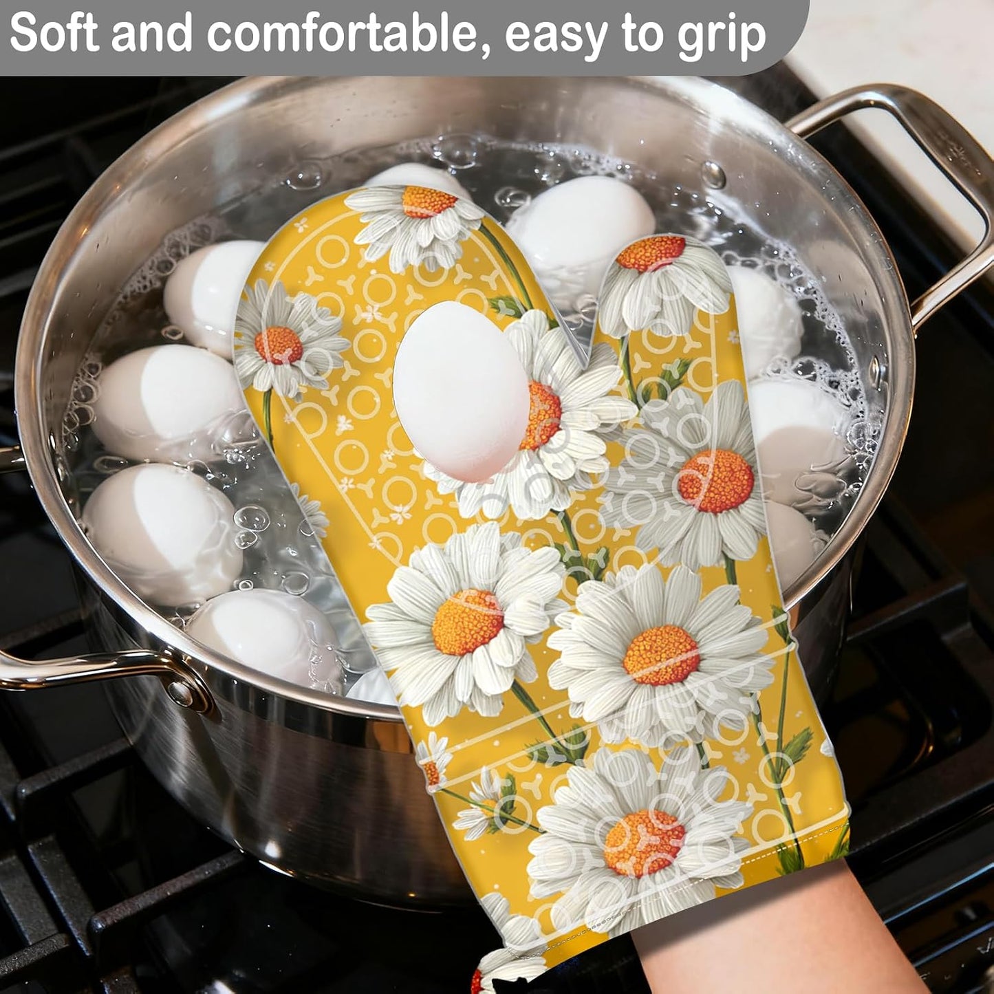 Oven Mitts Oven Gloves Silicone 18.5 * 29cm 2Pcs - Heat Resistant Silicone Oven Mitts, Kitchen Gloves with Daisy Floral Print (Yellow Background) - Home Kitchen, Bright-Themed Events