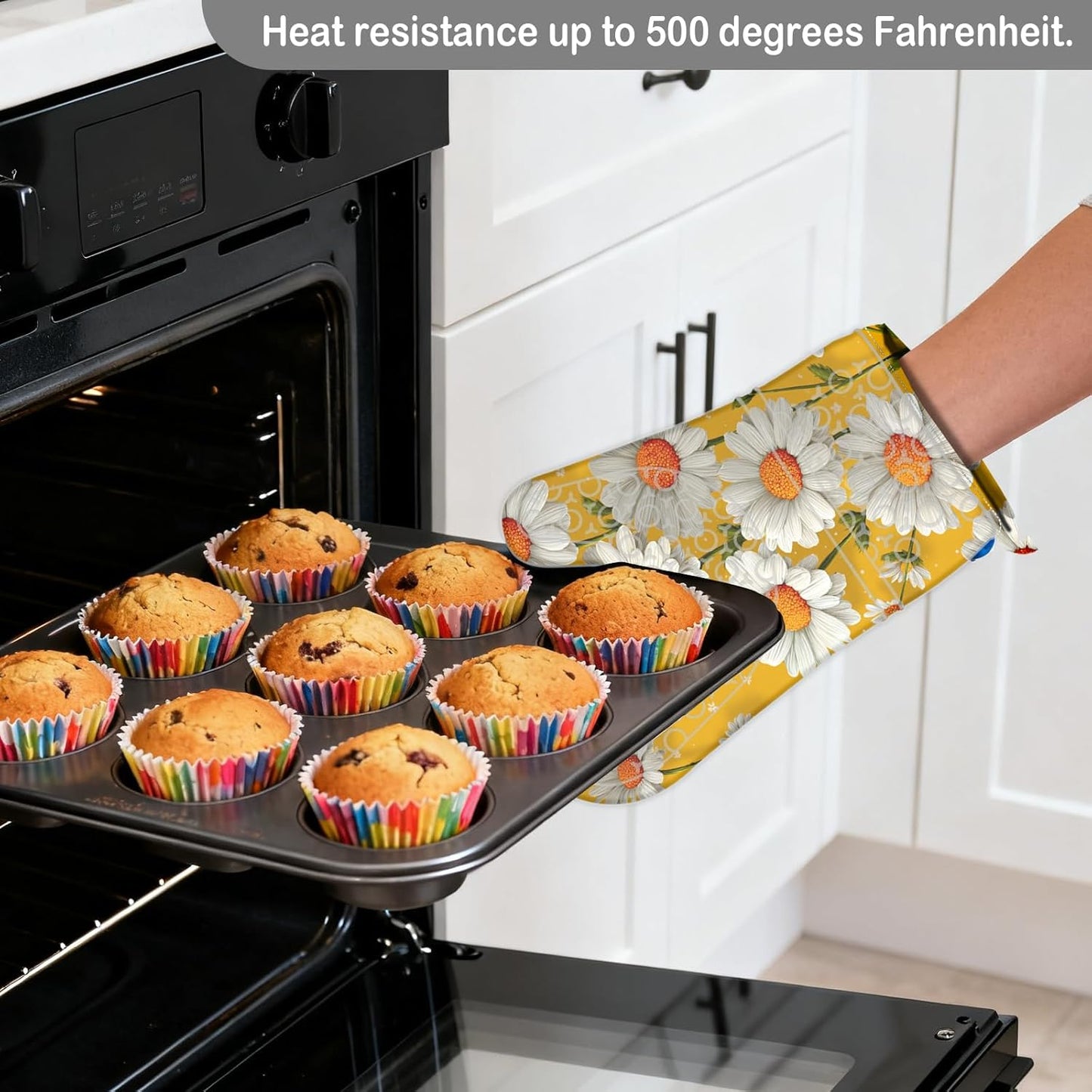 Oven Mitts Oven Gloves Silicone 18.5 * 29cm 2Pcs - Heat Resistant Silicone Oven Mitts, Kitchen Gloves with Daisy Floral Print (Yellow Background) - Home Kitchen, Bright-Themed Events
