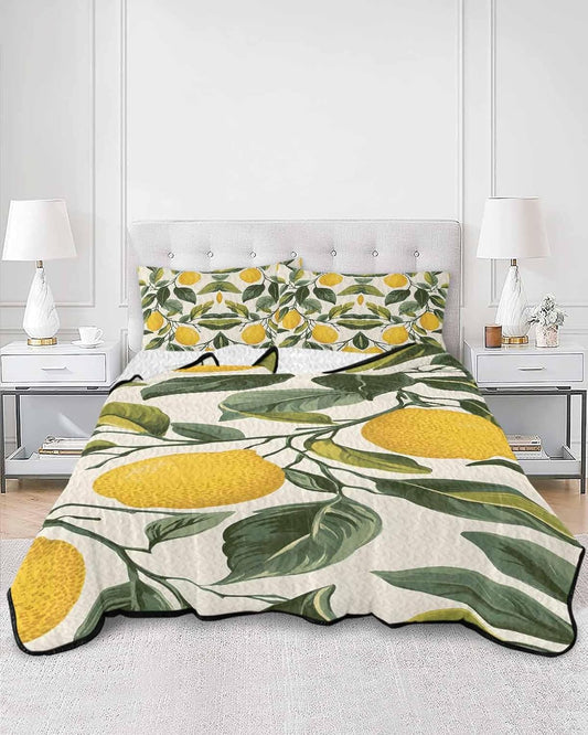 Summer Quilts Queen Size, Lightweight Quilted Coverlet Lemon Comforter Set for Bed, All Season Bedspreads Watercolor Summer Leaves Fruit Cottagecore Plant Quilt Bedding with 2 Pillowcases 90x96 Inch