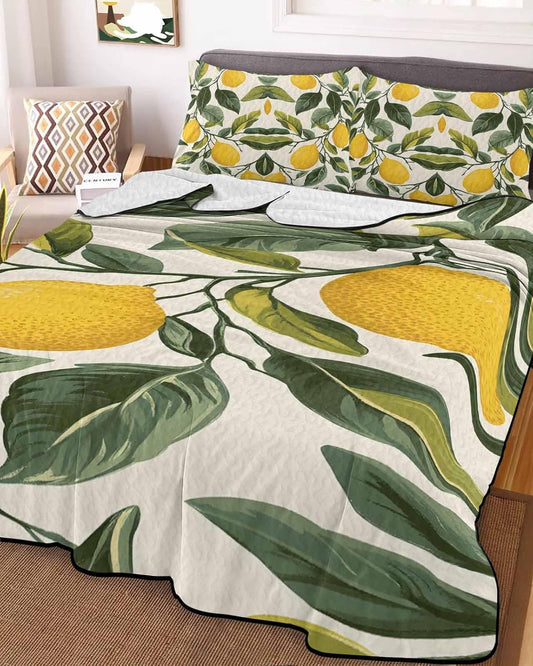 Summer Quilts Queen Size, Lightweight Quilted Coverlet Lemon Comforter Set for Bed, All Season Bedspreads Watercolor Summer Leaves Fruit Cottagecore Plant Quilt Bedding with 2 Pillowcases 90x96 Inch