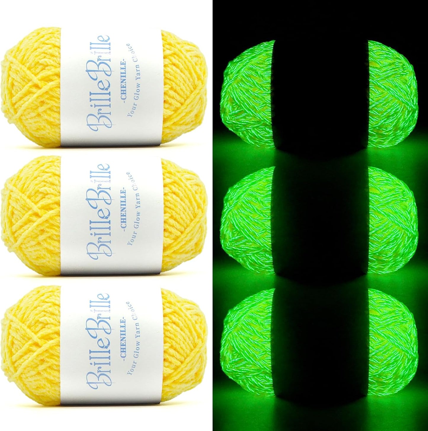 Glow in the Dark Chenille Yarn, 50g Skeins, 3 Pack, for Crocheting Crafts, Hats, Socks (Mustard)