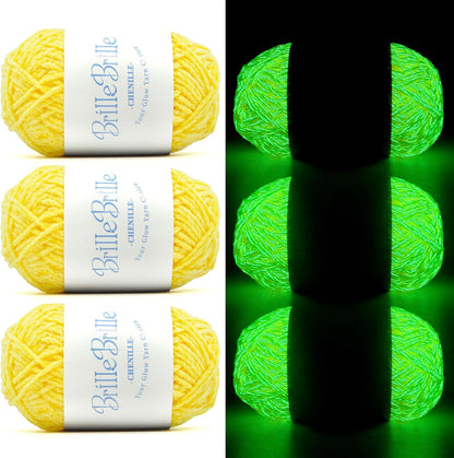Glow in the Dark Chenille Yarn, 50g Skeins, 3 Pack, for Crocheting Crafts, Hats, Socks (Mustard)