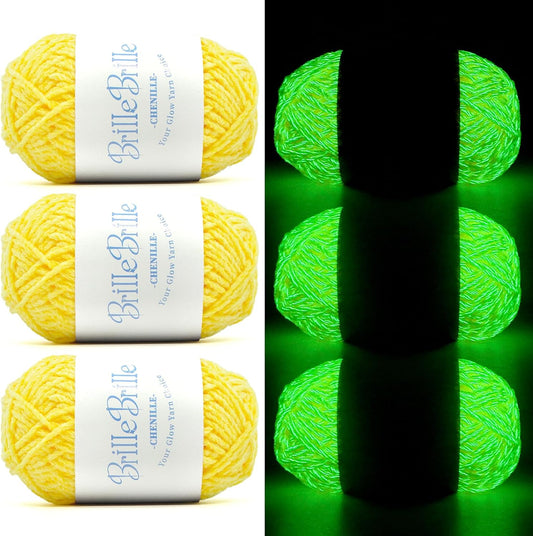 Glow in the Dark Chenille Yarn, 50g Skeins, 3 Pack, for Crocheting Crafts, Hats, Socks (Mustard)