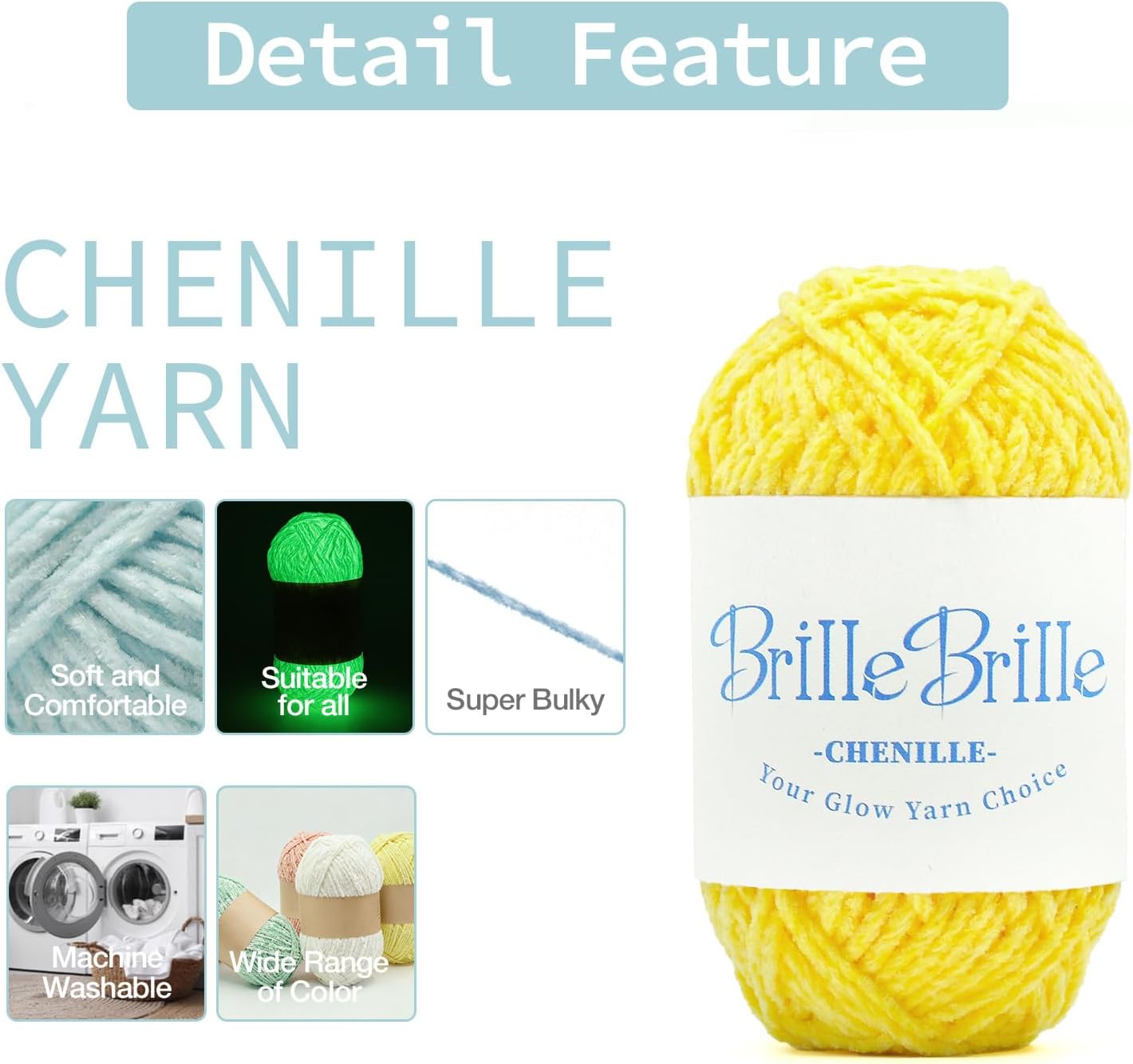 Glow in the Dark Chenille Yarn, 50g Skeins, 3 Pack, for Crocheting Crafts, Hats, Socks (Mustard)