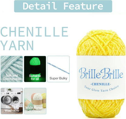 Glow in the Dark Chenille Yarn, 50g Skeins, 3 Pack, for Crocheting Crafts, Hats, Socks (Mustard)