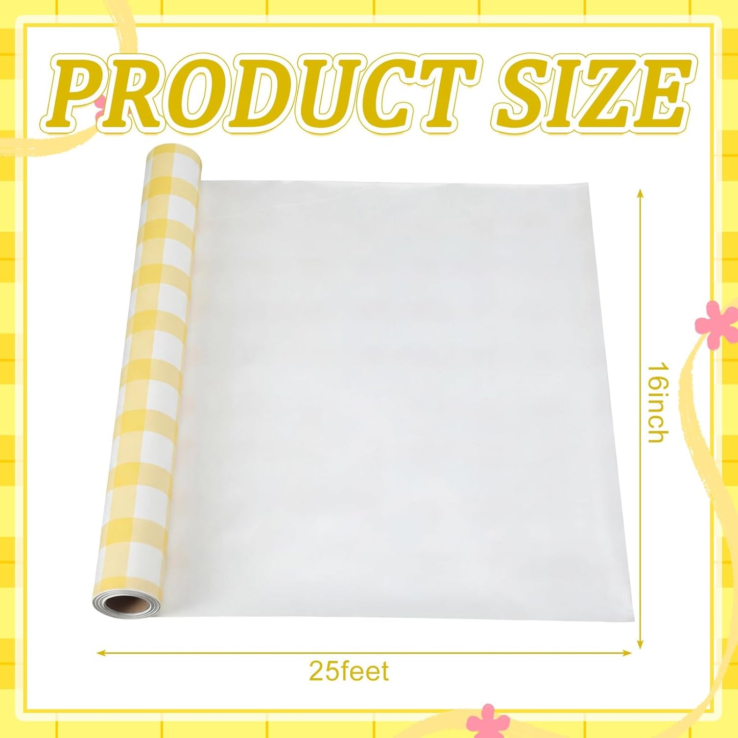 Yellow White Gingham Paper Table Runner Roll 25' Long x 16" Wide Disposable Checkered Table Runner for Birthday Party Wedding Baby Shower Bridal Holiday Christmas Tabletop Home Decor