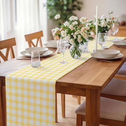 Yellow White Gingham Paper Table Runner Roll 25' Long x 16" Wide Disposable Checkered Table Runner for Birthday Party Wedding Baby Shower Bridal Holiday Christmas Tabletop Home Decor
