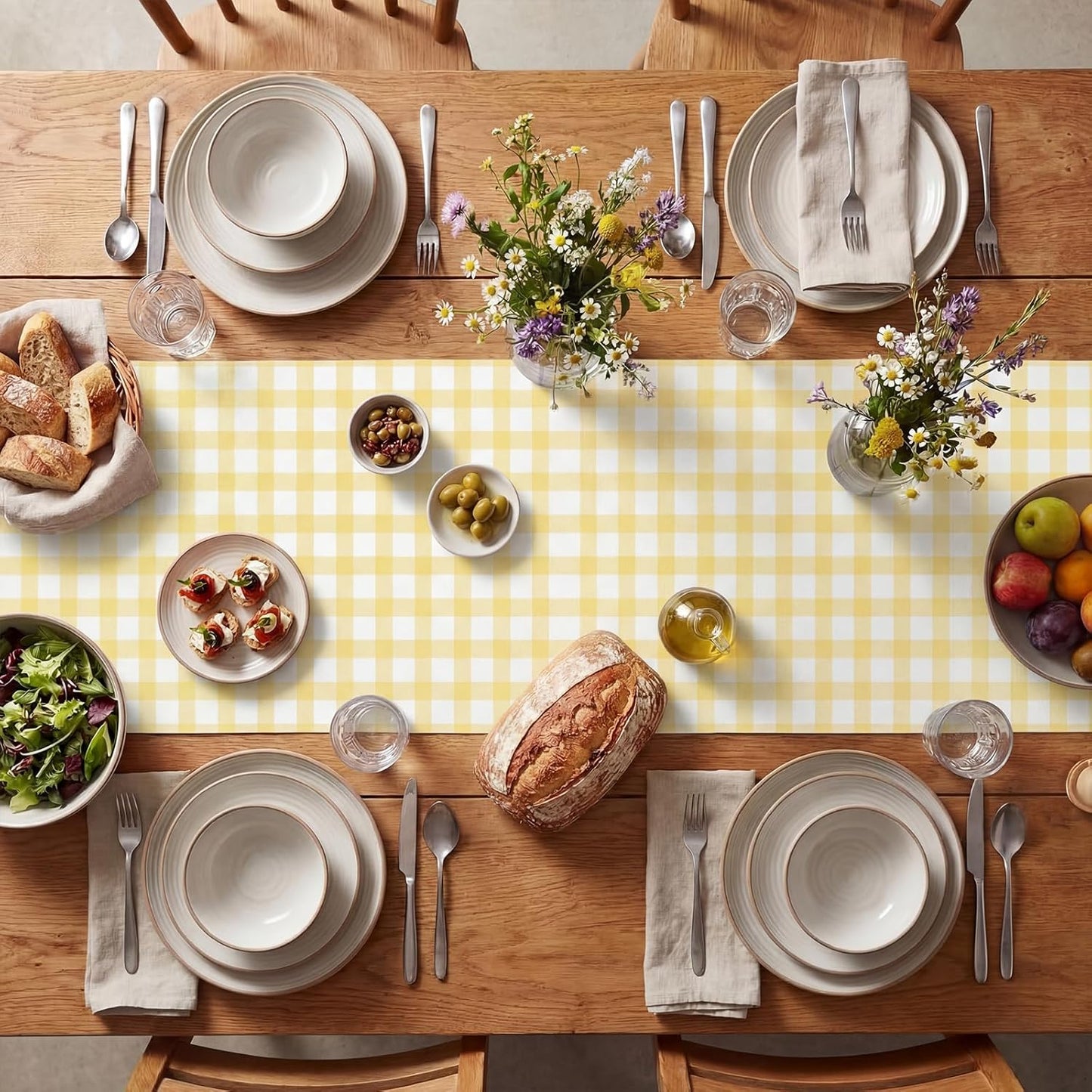 Yellow White Gingham Paper Table Runner Roll 25' Long x 16" Wide Disposable Checkered Table Runner for Birthday Party Wedding Baby Shower Bridal Holiday Christmas Tabletop Home Decor