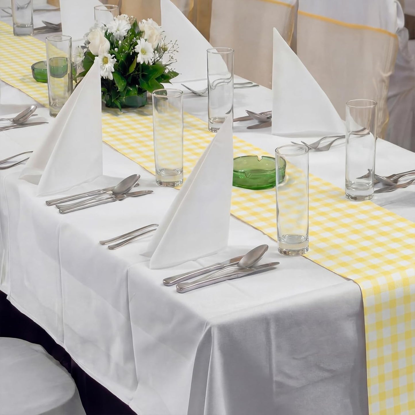 Yellow White Gingham Paper Table Runner Roll 25' Long x 16" Wide Disposable Checkered Table Runner for Birthday Party Wedding Baby Shower Bridal Holiday Christmas Tabletop Home Decor