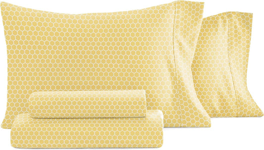 Patterned Microfiber Queen Sheet Set 4 Piece – Oeko-TEX Certified Ultra Soft & Wrinkle-Free - 16" Deep Pocket Sheets - Easy Care Queen Size - Honeycomb Yellow