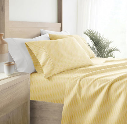 Patterned Microfiber Queen Sheet Set 4 Piece – Oeko-TEX Certified Ultra Soft & Wrinkle-Free - 16" Deep Pocket Sheets - Easy Care Queen Size - Honeycomb Yellow