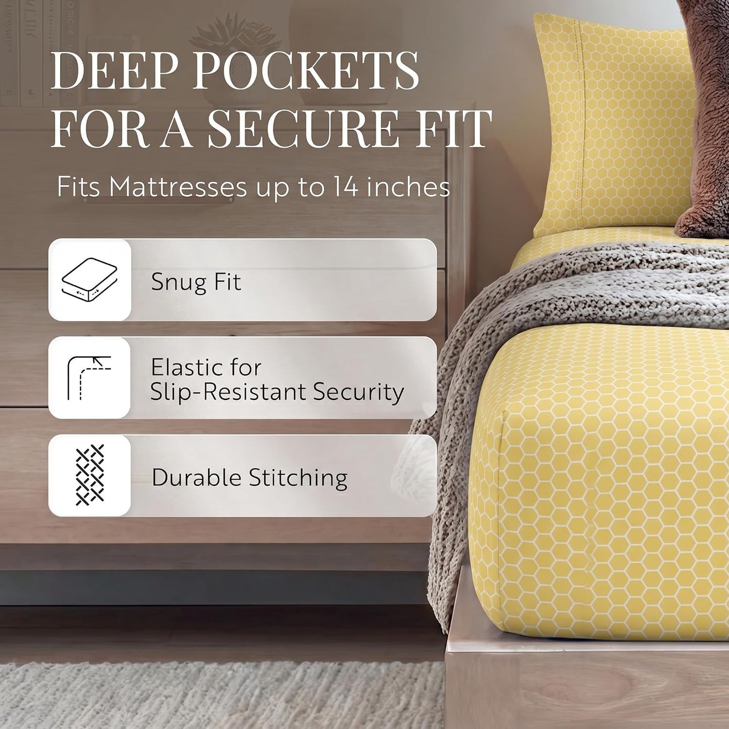 Patterned Microfiber Queen Sheet Set 4 Piece – Oeko-TEX Certified Ultra Soft & Wrinkle-Free - 16" Deep Pocket Sheets - Easy Care Queen Size - Honeycomb Yellow
