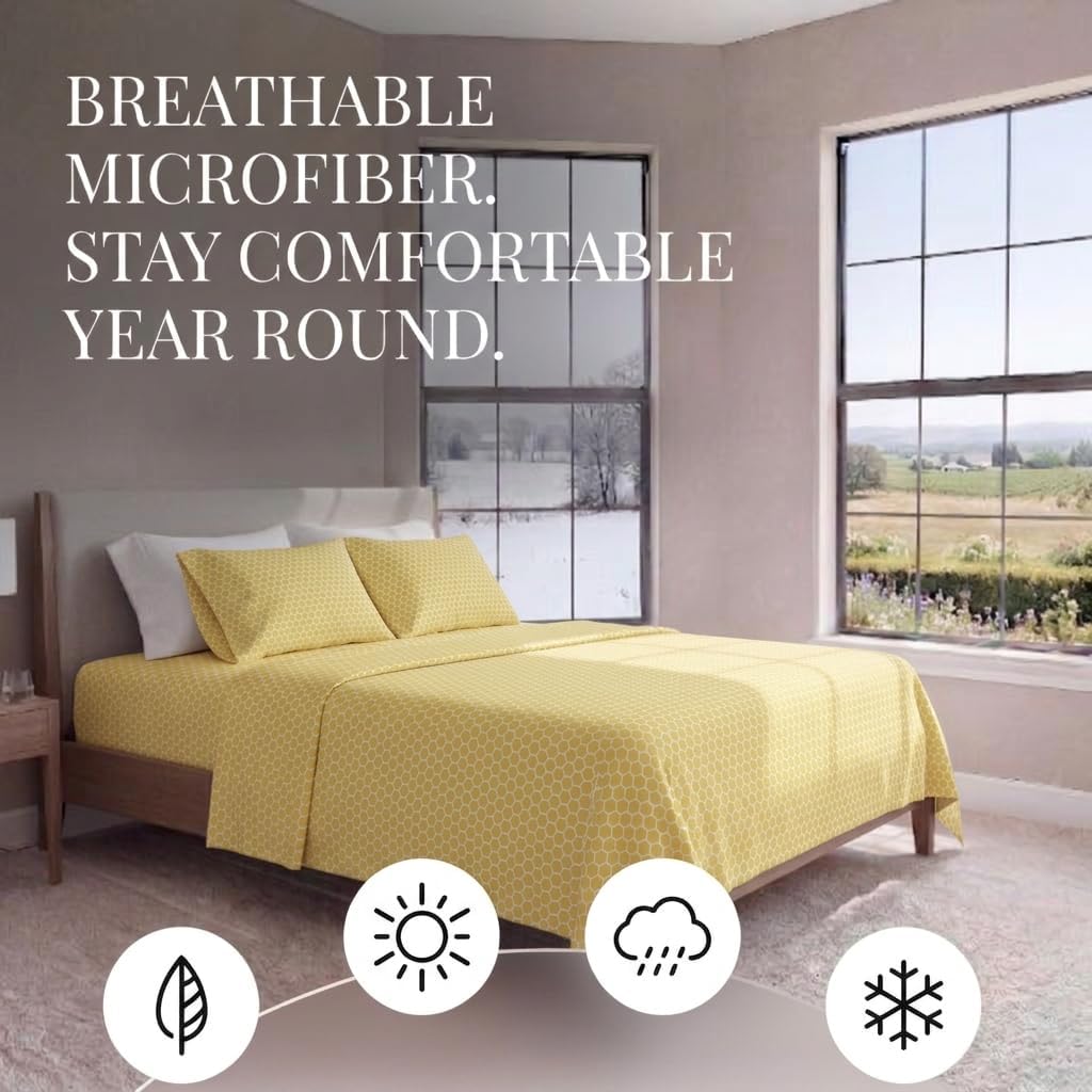 Patterned Microfiber Queen Sheet Set 4 Piece – Oeko-TEX Certified Ultra Soft & Wrinkle-Free - 16" Deep Pocket Sheets - Easy Care Queen Size - Honeycomb Yellow