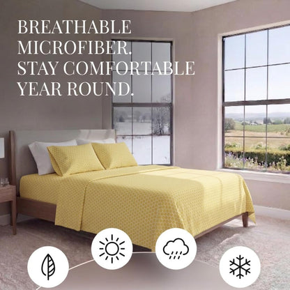 Patterned Microfiber Queen Sheet Set 4 Piece – Oeko-TEX Certified Ultra Soft & Wrinkle-Free - 16" Deep Pocket Sheets - Easy Care Queen Size - Honeycomb Yellow
