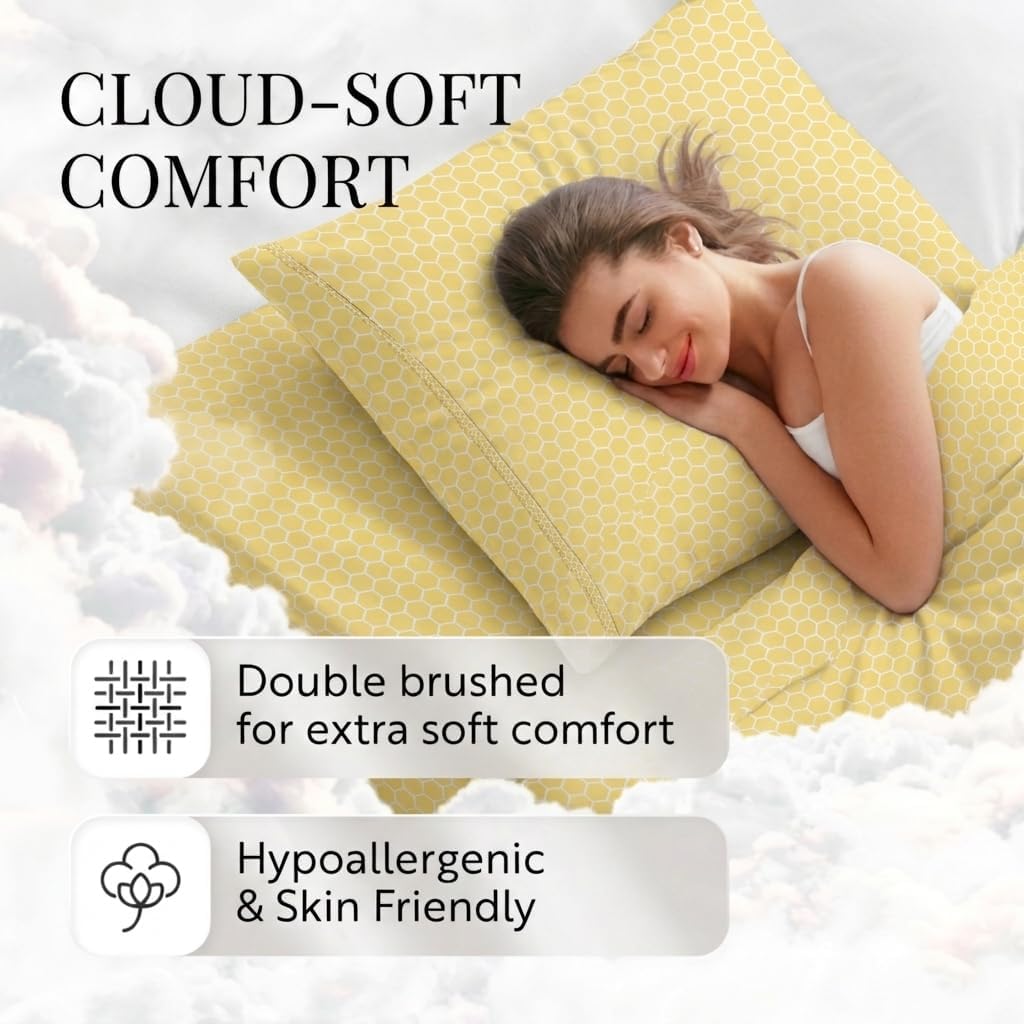 Patterned Microfiber Queen Sheet Set 4 Piece – Oeko-TEX Certified Ultra Soft & Wrinkle-Free - 16" Deep Pocket Sheets - Easy Care Queen Size - Honeycomb Yellow
