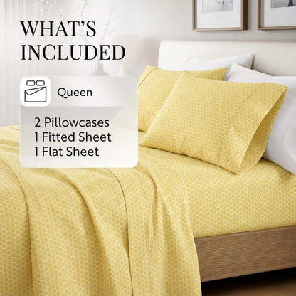 Patterned Microfiber Queen Sheet Set 4 Piece – Oeko-TEX Certified Ultra Soft & Wrinkle-Free - 16" Deep Pocket Sheets - Easy Care Queen Size - Honeycomb Yellow