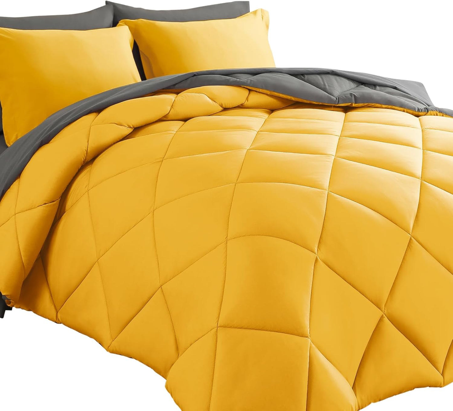 Bed in a Bag Queen Reversible Comforter Sets 7pcs All Season Down Alternative Bedding Sets Yellow and Grey with Comforter, Pillow Shams, Flat Sheet, Fitted Sheet and Pillowcase