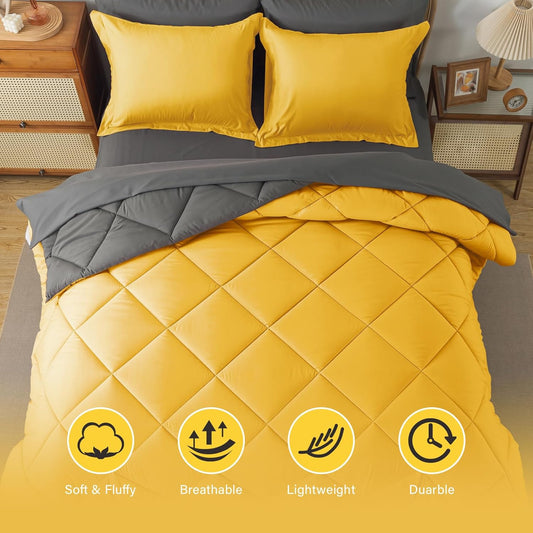 Bed in a Bag Queen Reversible Comforter Sets 7pcs All Season Down Alternative Bedding Sets Yellow and Grey with Comforter, Pillow Shams, Flat Sheet, Fitted Sheet and Pillowcase