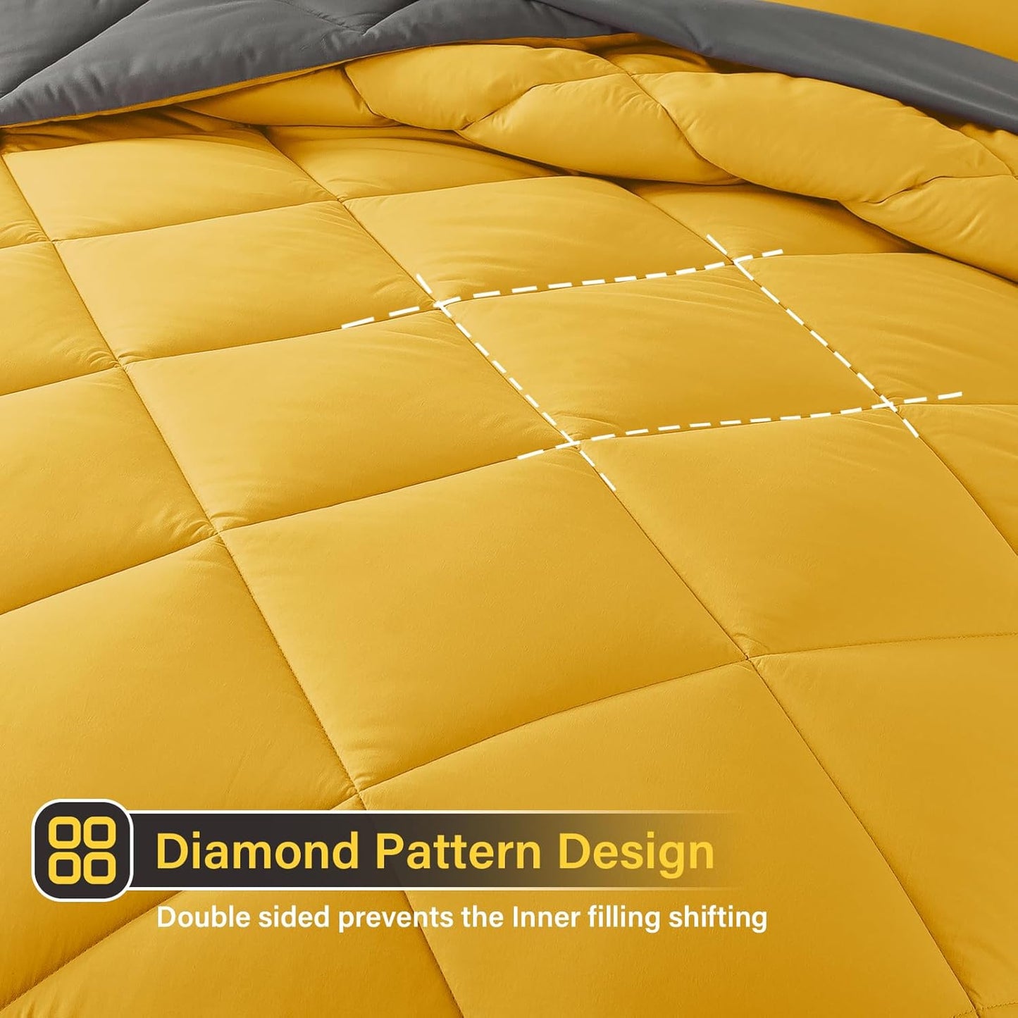 Bed in a Bag Queen Reversible Comforter Sets 7pcs All Season Down Alternative Bedding Sets Yellow and Grey with Comforter, Pillow Shams, Flat Sheet, Fitted Sheet and Pillowcase